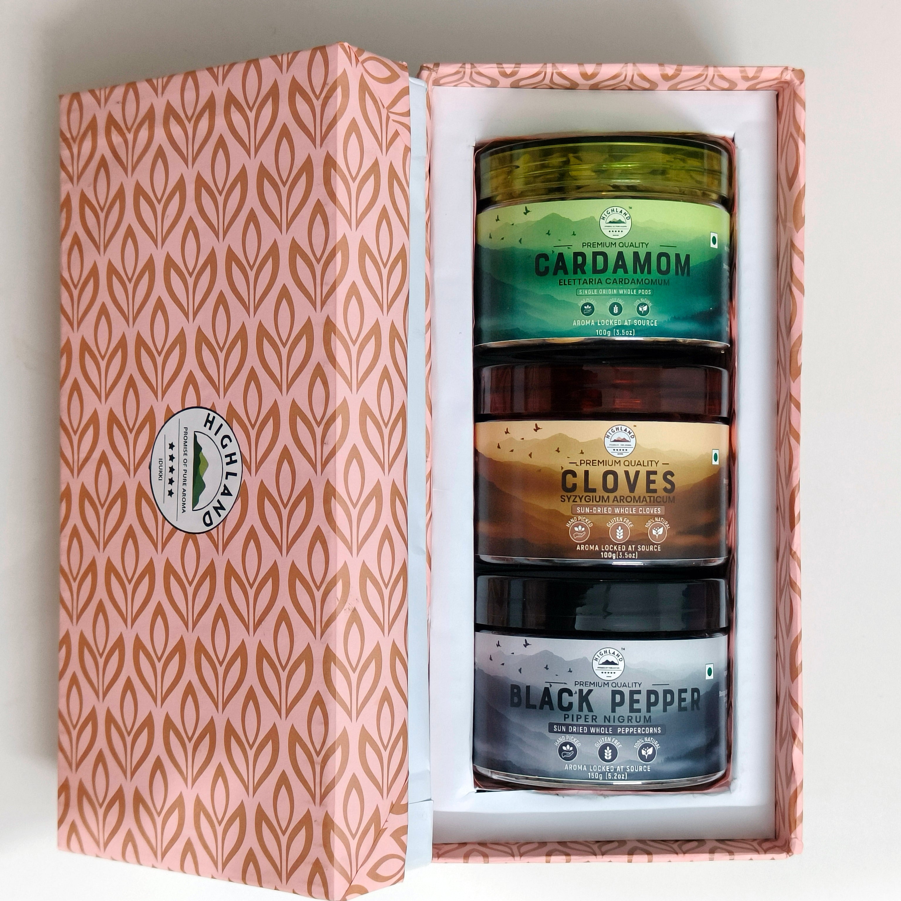 HIGHLAND Spices | Premium Whole Spice Gift Hamper | Cardamom 100g, Cloves 100g, Black Pepper 150g