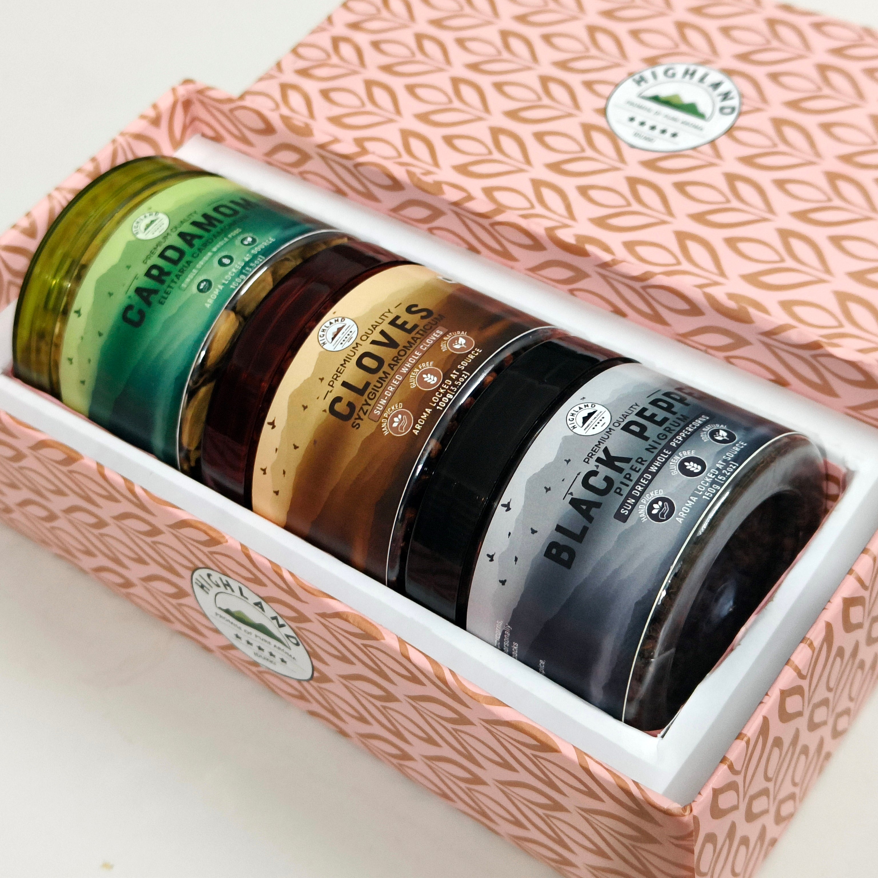 HIGHLAND Spices | Premium Whole Spice Gift Hamper | Cardamom 100g, Cloves 100g, Black Pepper 150g