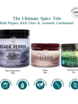 HIGHLAND Spices | Premium Whole Spice Combo | Black Peppercorns 200g + Cloves 100g + Cardamom Pods 50g