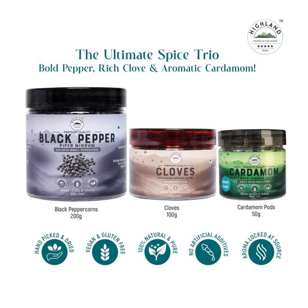 HIGHLAND Spices | Premium Whole Spice Combo | Black Peppercorns 200g + Cloves 100g + Cardamom Pods 50g