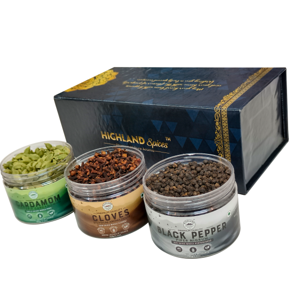 HIGHLAND Spices | Premium Whole Spice Gift Hamper | Cardamom 100g, Cloves 100g, Black Pepper 150g